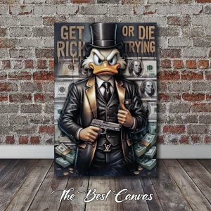 Scrooge McDuck with a Gun & Money | 'Get Rich' Luxury Street Art Canvas #28