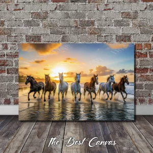 Seven Horses Galloping into the Sunset on a Sandy Beach