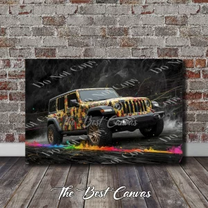 Jeep Wrangler Rubicon - Vibrant Paint Splatter Canvas Art