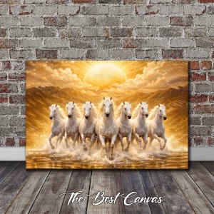 Golden Hour White Horses Wall Art - Modern Wildlife Canvas for Home & Office