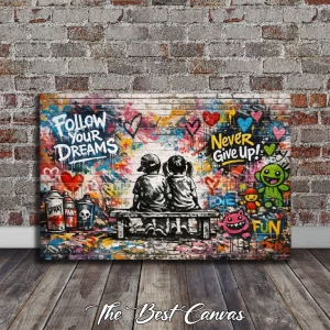 Inspirational Graffiti Style Wall Decor - Never Give Up Street Art Canvas for Office & Home