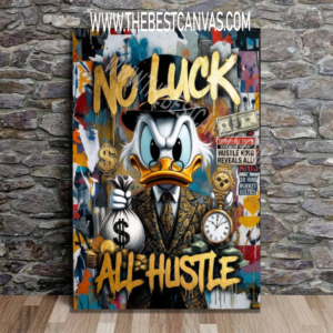 Scrooge McDuck No Luck All Hustle Canvas Wall Art, Street Art Duck Hustle King Graffiti Poster Print